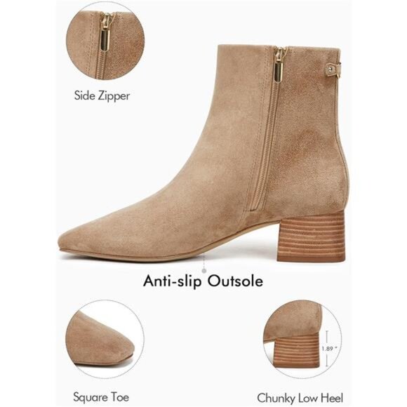 Women's Ankle Boots Chunky Low Heel Square Toe Booties Side Zipper Winter Shoes - Picture 5 of 5